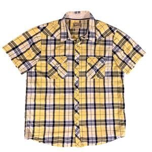Roebuck & Co Shirt Men's L Yellow Pearl Snap Button Up Short Sleeve‎ Checkered